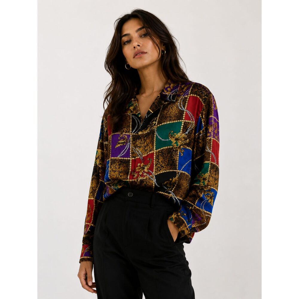 Corey B 100% Silk Button Front Shirt Women's Size 10 Vintage Multicolor Print